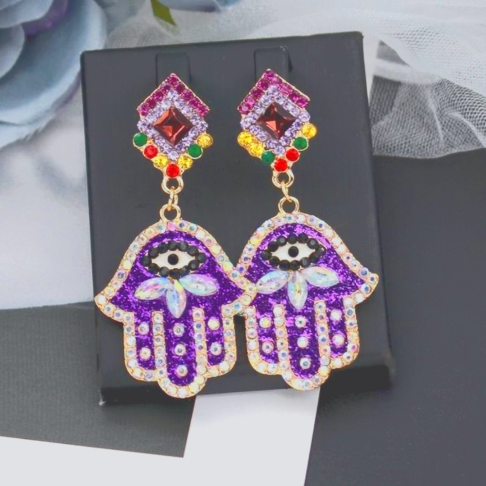 Multicolor Hamsa Drop Detail Earrings